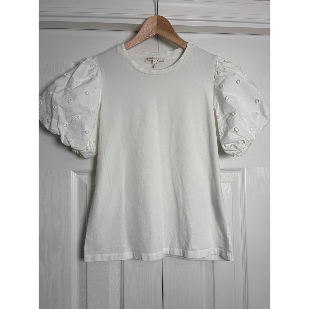 Maje White Cotton Puff Sleeve T-Shirt 3D Floral Embroidery Top Size 1